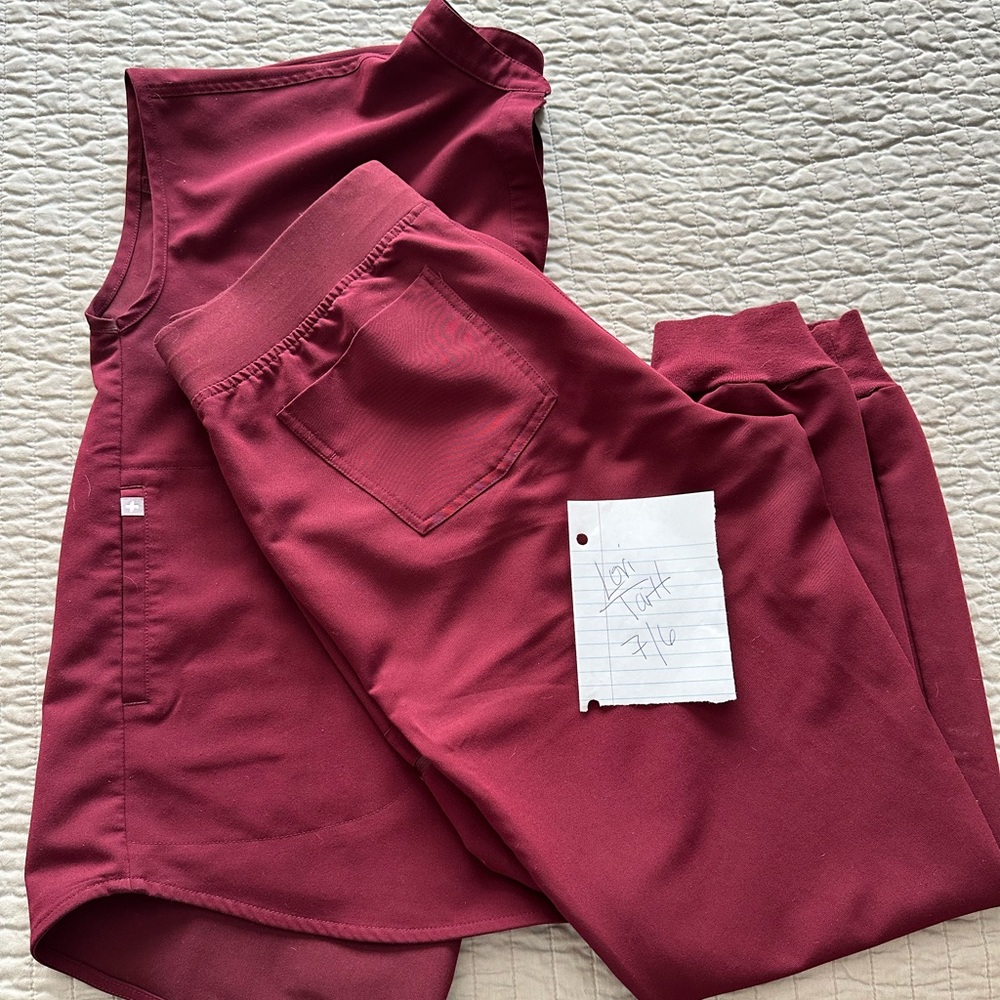 FIGS Burgundy Rafaela oversized scrub top and Zamora Jogger style pants